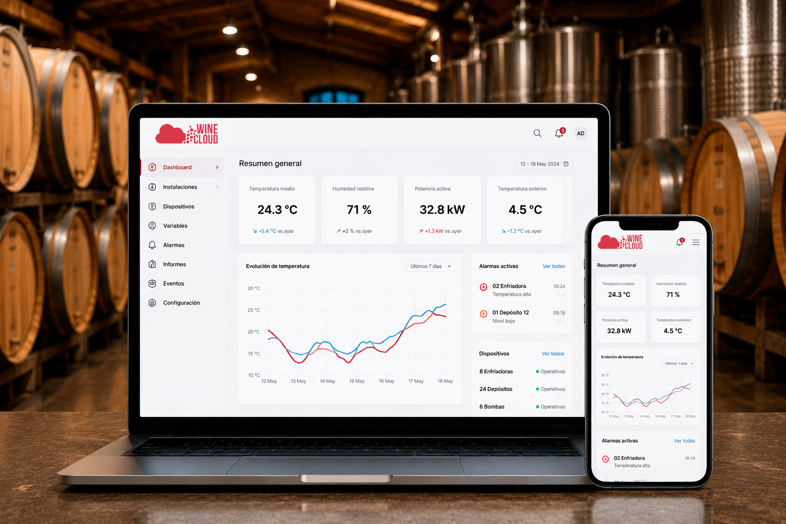WineCloud mostrado en un ordenador y un teléfono móvil dentro de una bodega